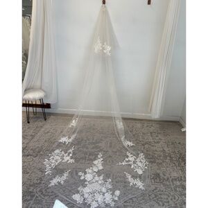 Justin Alexander Signature Floral Cathedral Veil With Blusher In Ivory
